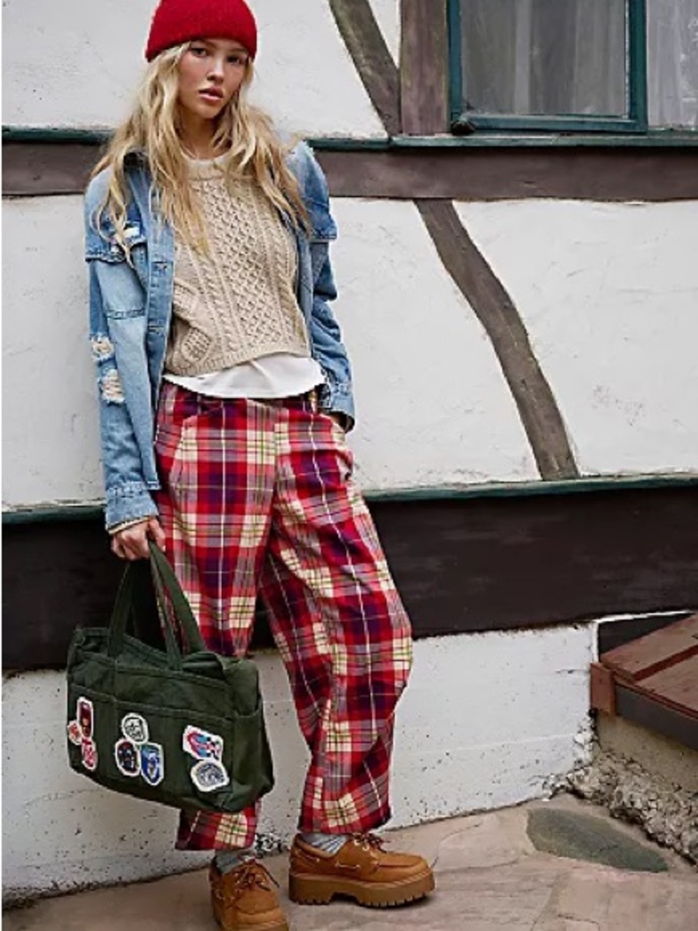 Free People Olive Green Skirt with Red Plaid Lining